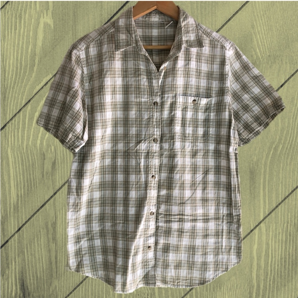 Button Down Plaid Shirt M Cotton Olive Green White Khaki Tan